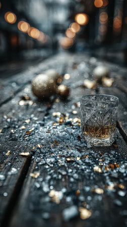 A whiskey glass on a wooden table with golden confetti sets a celebratory New Year vibe for reflection and joy.の素材