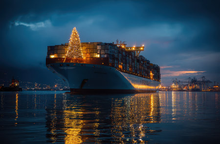 A large container ship celebrates the New Year with bright decorations. A beautiful Christmas tree shines atop the vessel as evening falls.の素材