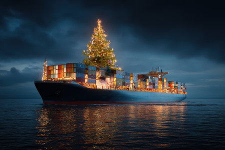 A large container ship adorned with colorful Christmas lights and a glowing tree creates a festive New Year atmosphere.の素材