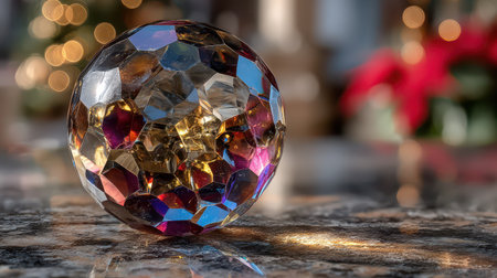 A dazzling crystal orb rests on a polished surface reflecting colorful lights from nearby decorations adding charm to a festive setting.の素材