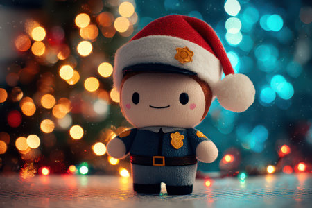 A cheerful toy police officer wearing a festive Santa hat stands proudly in front of colorful lights ready to celebrate the joy of New Year.の素材