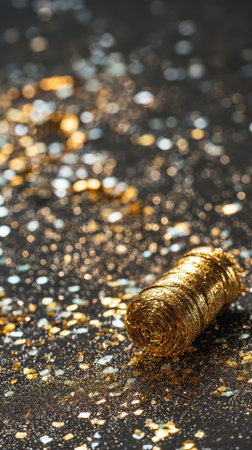 Golden decorations shimmer on a dark background enhancing the festive atmosphere of New Year celebrations filled with joy and anticipation.の素材