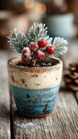 A small pot holds a snowy green plant with red berries symbolizing the New Year spirit perfect for winter festivities and celebrations.の素材