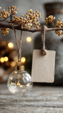 Delicate glass ornament hangs from a rustic branch twinkling lights glowing nearby. A blank tag awaits a special message for the occasion.の素材