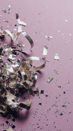 Colorful confetti and silver streamers scatter across a soft pink surface creating a lively atmosphere for New Year festivities and celebrations.の素材