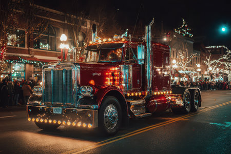 A colorful rig truck decked with Christmas lights rolls down a festive street drawing a crowd during New Yearの素材