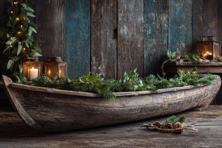 An old wooden boat decorated with garland and greenery creates a cozy scene for New Year celebrations evoking warmth and tradition.の素材