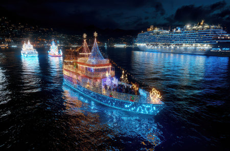 A festive boat decorated with bright Christmas lights sails through the water during a lively New Year celebration surrounded by festive cheer.の素材
