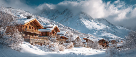 Picturesque log cabins nestled in a snow covered landscape creating a serene atmosphere perfect for celebrating New Year in natures beauty.の素材