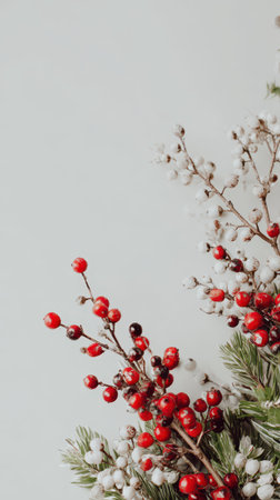 Bright red and white berries adorn a simple background adding joy and vibrancy to New Year celebrations. Perfect for holiday decorations.の素材