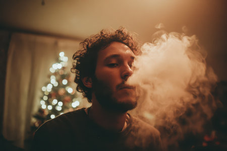 A young man sits quietly smoking an e cigarette. Smoke billows softly around him as festive lights twinkle nearby on New Years Eve.の素材