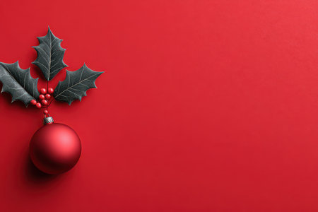A vibrant red background features holly leaves and berries alongside a shiny red ornament creating a festive mood for celebrations.の素材