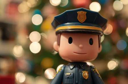 A delightful toy police officer in uniform stands proudly with a blurred Christmas tree in the background celebrating the New Year joyfully.の素材
