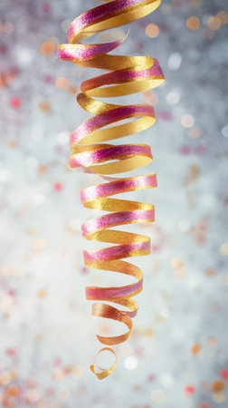 Colorful ribbons spiral down against a shimmering background capturing the joyful spirit of New Year celebrations filled with excitement and hope.の素材