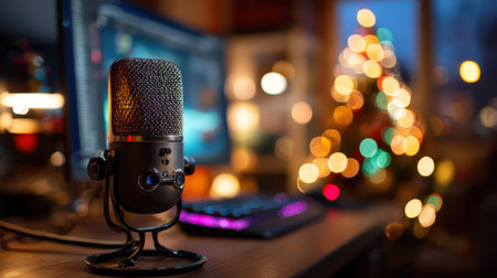 A microphone rests on a desk in front of a computer screen. Soft lights and a Christmas tree shine setting the festive New Year mood.の素材