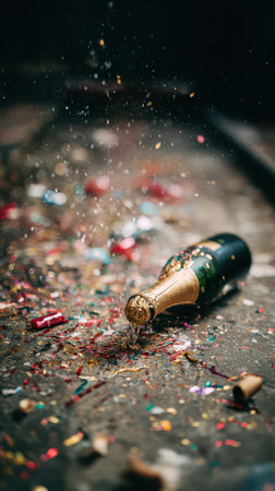 Champagne bottle lies on the ground surrounded by colorful confetti and party remnants capturing the joyful spirit of New Year celebrations.の素材