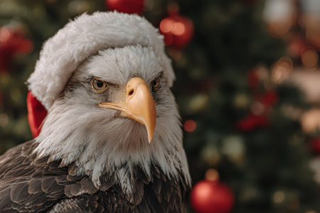 A majestic eagle wears a festive Santa hat and stands next to a beautifully decorated Christmas tree ready to celebrate the New Year.の素材