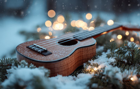 A beautiful ukulele rests on soft snow surrounded by Christmas greenery and twinkling lights celebrating the joy of the New Year season.の素材