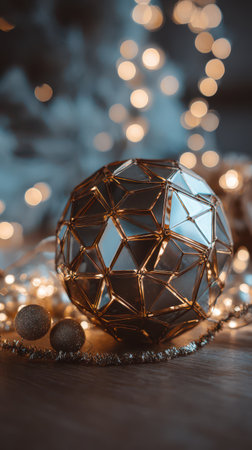 A beautiful geometric ornament sits amidst shimmering lights creating a cozy atmosphere that captures the essence of New Year festivities.の素材