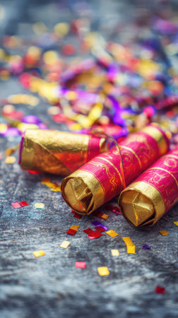 Festive New Year scene featuring vibrant party poppers and colorful confetti scattered on a textured surface creating a joyful atmosphere.の素材