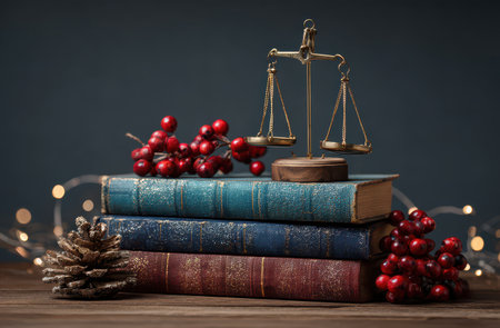 A festive stack of law books decorated with scales pine cones and red berries sets a perfect New Year scene!の素材