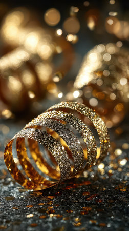 Shimmering gold decorations create a festive atmosphere for New Year celebrations inviting joy and excitement into the new beginning.の素材