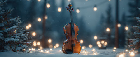 A wooden violin stands elegantly in the snow surrounded by glowing lights that create a magical atmosphere for the New Year celebration.の素材