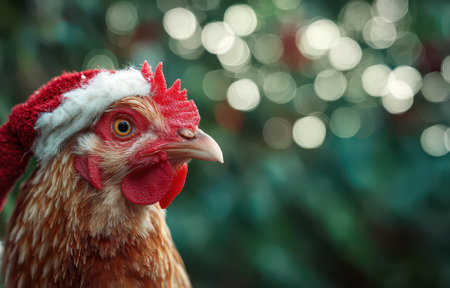 A cheerful chicken sports a red and white Christmas hat while surrounded by a soft blur of green and holiday colors celebrating the New Year.の素材