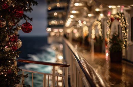 The cruise ship deck shines with colorful lights and decorations creating a joyful vibe as it sails during New Years celebrations.の素材