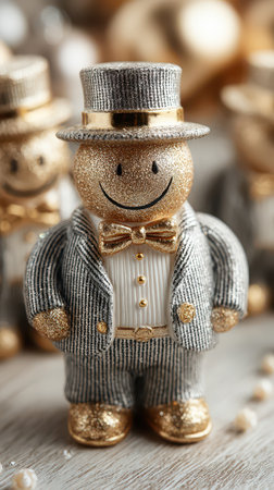 A joyful decorative figure dressed in gray and gold attire stands out among festive New Year decorations spreading cheer and warmth.の素材