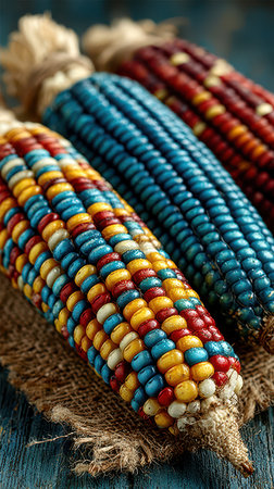 Vibrant cobs of corn in various colors rest on a rustic surface symbolizing harvest and celebration during New Year festivities.の素材