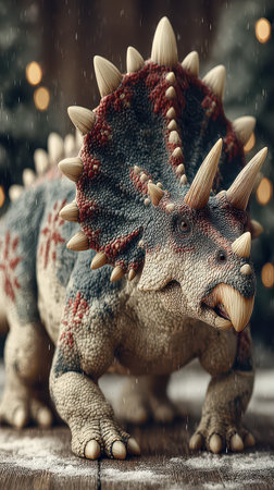 A charming dinosaur figurine adorned with festive details stands against a snowy backdrop ready for New Year festivities.の素材