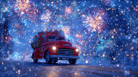 A red truck drives cheerfully down a snowy road loaded with colorful New Year gifts. Fireworks light up the night sky in celebration.の素材