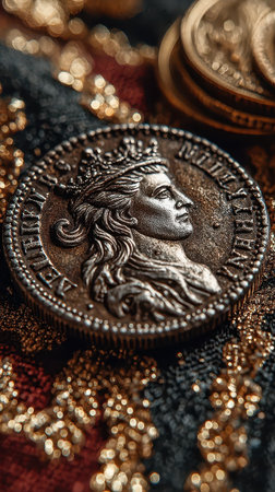 An intricate antique coin rests on a richly textured fabric showcasing exquisite details and a historical design that is captivating.の素材