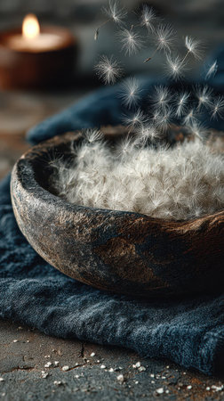 Delicate dandelion seeds float softly from a rustic bowl creating a serene atmosphere. The rustic textures and warm tones evoke calmness.の素材
