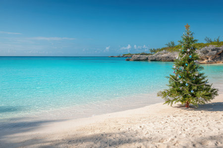 A festive Christmas tree stands on the soft sand of a beautiful beach surrounded by turquoise waters and a clear blue sky celebrating the New Year.の素材