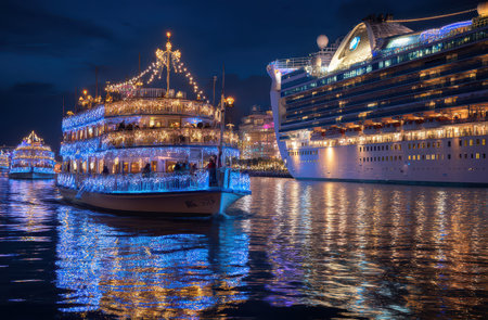 A beautifully decorated boat aglow with colorful lights gracefully navigates the water during a festive New Year parade at night.の素材