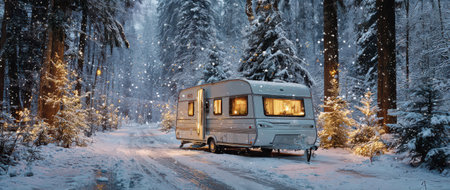 A white travel trailer sits quietly in a snow covered forest surrounded by tall trees and gentle snowfall capturing the magic of New Year.の素材