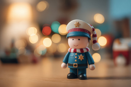 A cheerful toy cop in a Christmas hat stands on a table surrounded by festive decorations and warm lights spreading holiday joy.の素材