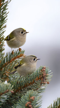 Two small birds sit on green branches surrounded by a snowy winter backdrop capturing a serene moment of natures beauty.の素材