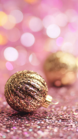 Glittering golden ornaments rest on a shimmering pink surface creating a festive atmosphere in anticipation of New Year festivities.の素材