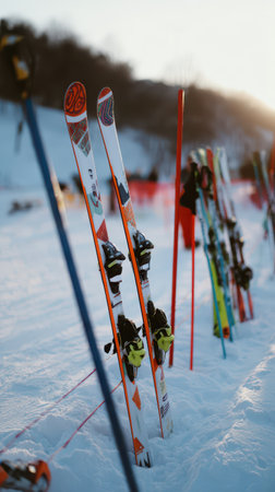 Colorful skis and poles stand upright in the snow showcasing a winter scene filled with excitement and preparation for New Year skiing adventures.の素材