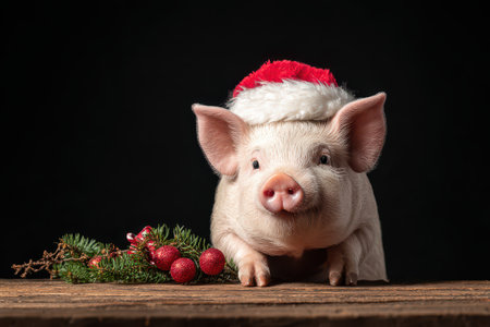 A cheerful pig dons a festive santa claus hat while surrounded by holiday decorations spreading joy and warmth during the new year season.の素材