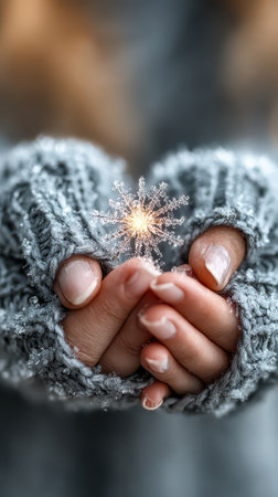 Soft hands cradle a shining snowflake capturing the essence of winter and the joy of New Year celebrations. A moment of wonder unfolds softly.の素材