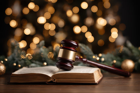 A wooden gavel lies on an open book illuminated by the warm glow of a decorated Christmas tree in the background during New Year celebrations.の素材