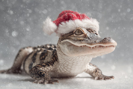 A charming alligator wears a Santa hat as it enjoys the festive spirit of Christmas and New Year surrounded by soft snowflakes.の素材
