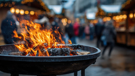 Bright flames dance in a metal bowl bringing warmth to a lively New Year market where friends gather to share laughter and cheer.の素材