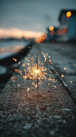 A sparkler lights up the twilight casting shimmering sparks and joy perfect for welcoming the New Year by the waters edge.の素材