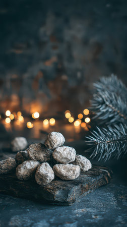 A charming display of round fluffy confections sits on rustic wood. An evergreen branch and warm lights create a festive mood for New Year.の素材