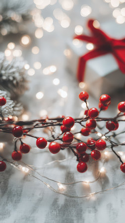 Beautiful red berries and sparkling lights create a warm ambiance for New Year festivities. Perfect for welcoming joy and new beginnings.の素材